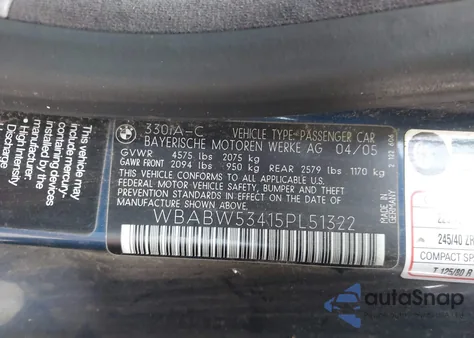 2005 BMW 330Ci из США, поврежденный, VIN WBABW53415PL51322